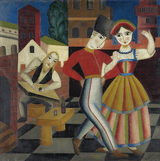 Cubist-style painting of a dancing man and woman with a seated musician in a village scene