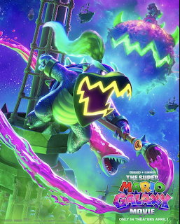 Animated Mario character in space with purple lightning, green cosmic waves, and glowing yellow zigzag against nebula backdrop