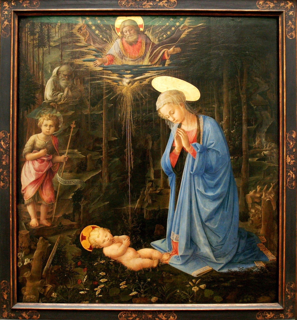 Renaissance nativity painting showing Madonna adoring infant Jesus with angels