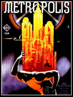 Art deco Metropolis poster with glowing city towers in robotic hands against dark background