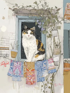 Painting of a calico cat sitting on a blue-framed windowsill with hanging fabrics and vines