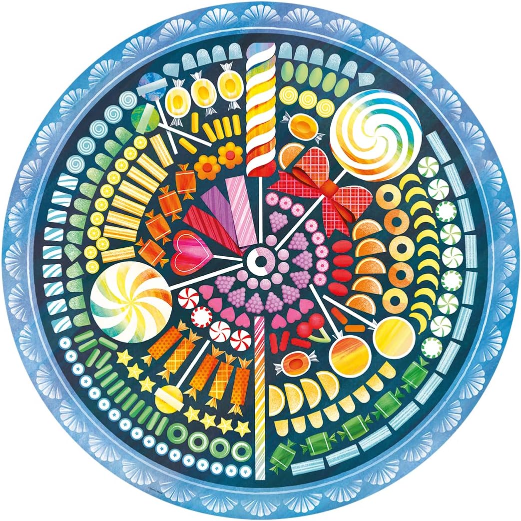 Circular mandala design with colorful candies, lollipops, and sweets in symmetrical radiating pattern