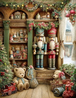 Wooden shelves filled with Christmas toys, nutcrackers, teddy bears, and holiday ornaments in vintage toy store
