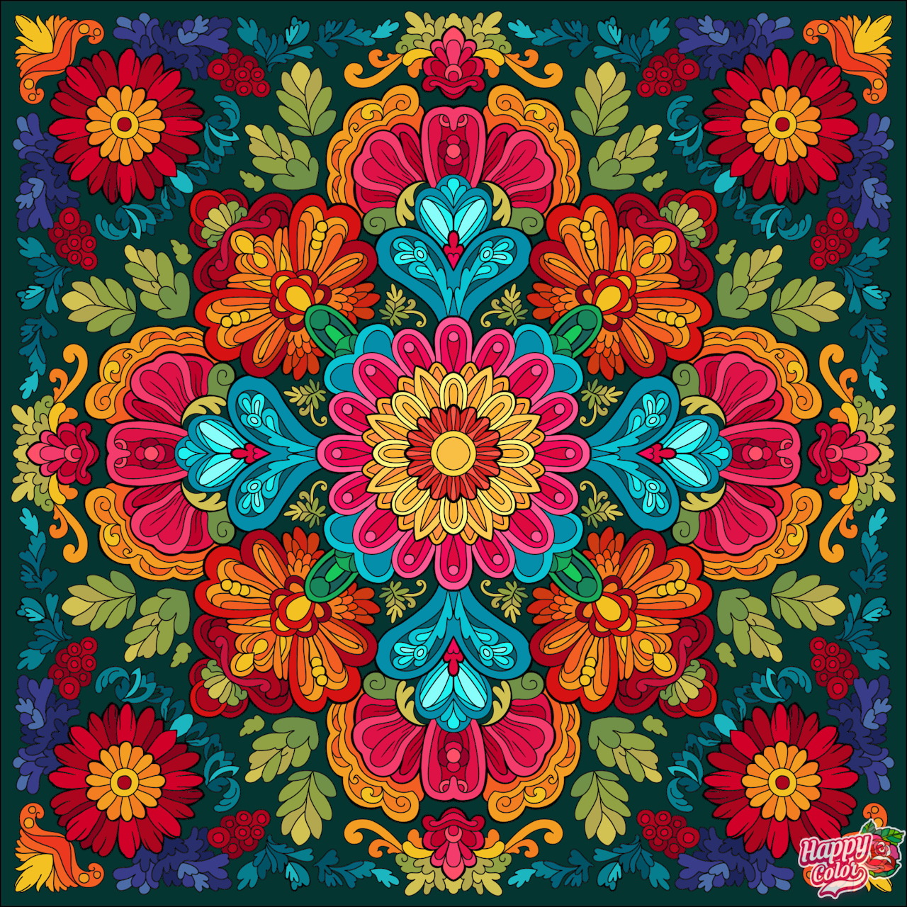 Symmetrical floral mandala with colorful petals radiating from a yellow center on dark blue background