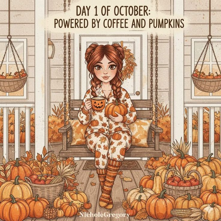 Illustrated girl in autumn outfit sitting among pumpkins and fall decorations on a porch