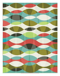 Retro geometric wavy pattern with repeating oval shapes in teal, olive green, red, and cream colors
