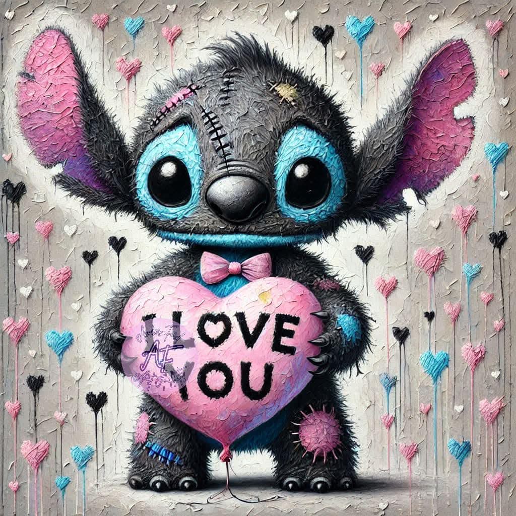 Cute blue cartoon alien holding a pink heart reading I LOVE YOU with tiny hearts around it