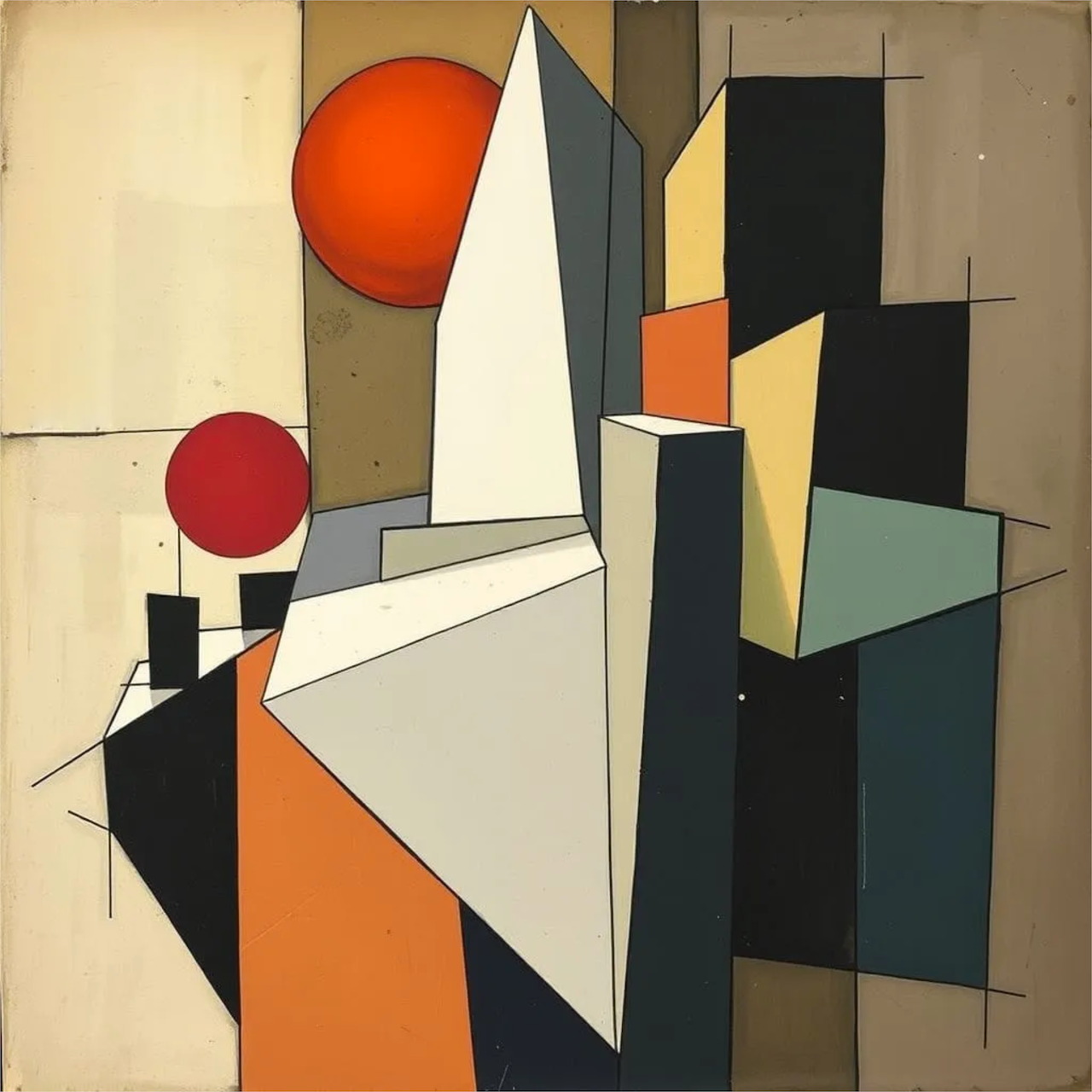 Abstract geometric painting with sharp angular forms and red circles on a beige background