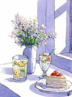 Watercolor painting of cake slice with strawberry, flowers in vase, and drinks on windowsill
