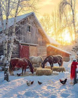 Horses eating hay beside a snowy barn at golden sunset with chickens and birch trees