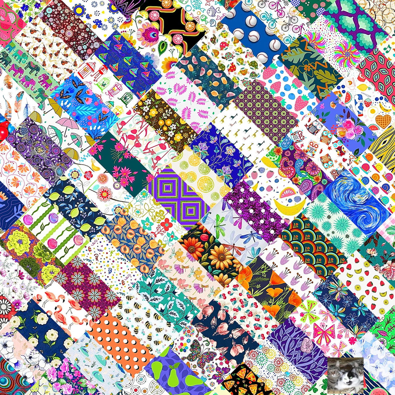 Diagonal striped patchwork quilt with colorful fabric patterns including florals, dots, and geometric designs