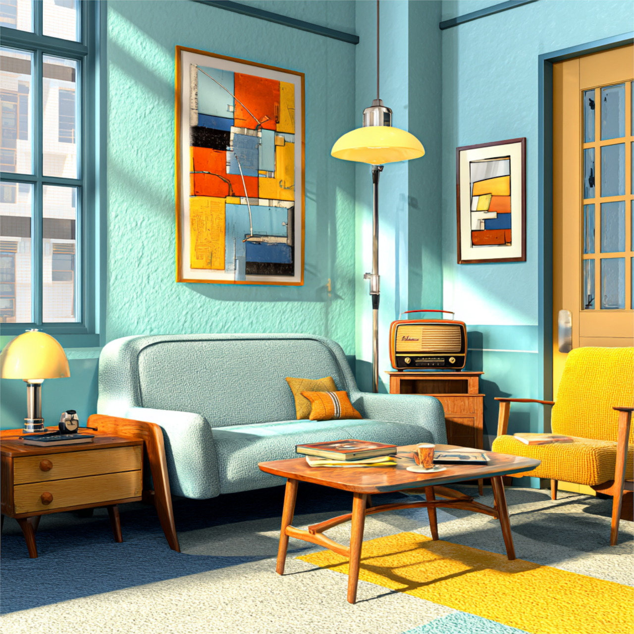 Retro living room with turquoise walls, mint sofa, yellow chair, wooden coffee table, and abstract art