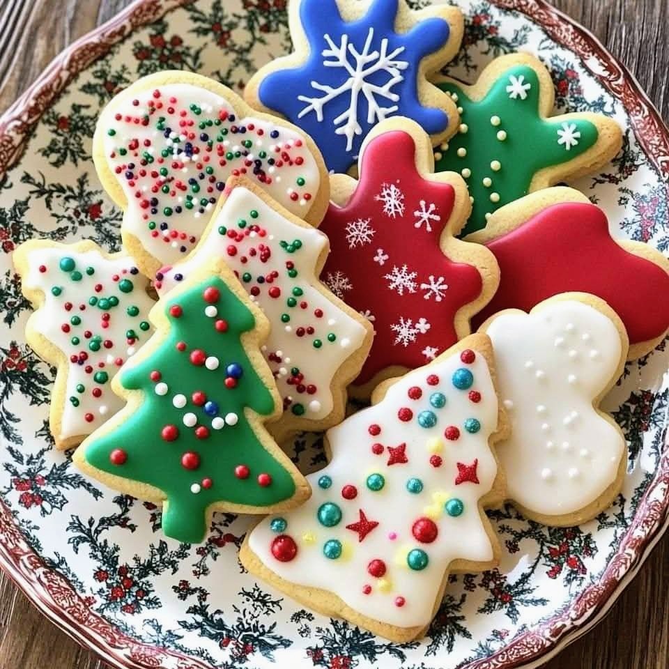 Colorful iced Christmas cookies with festive decorations on an ornate plate