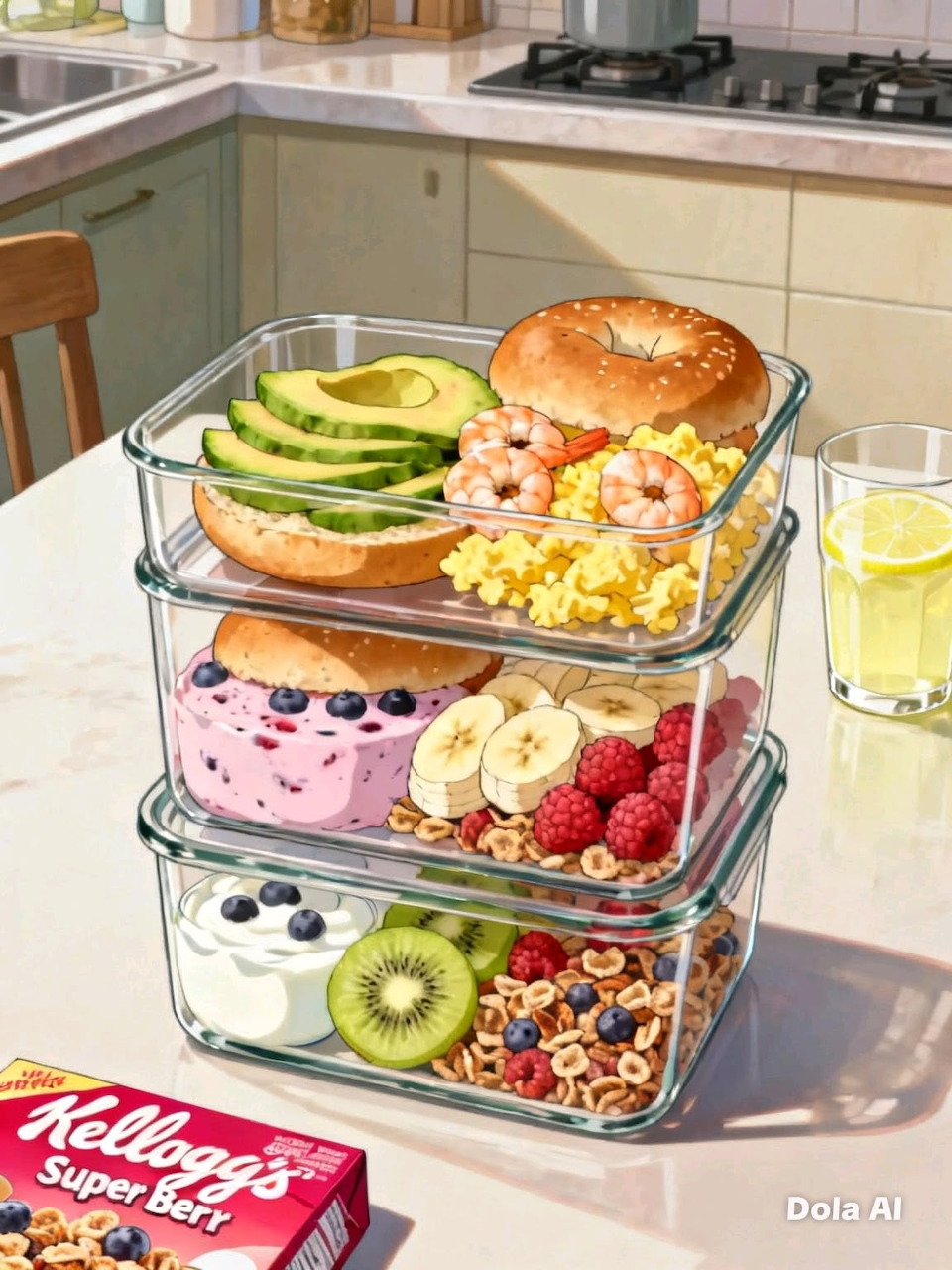 Illustrated stacked glass containers with bagels, fruit, yogurt, eggs, cereal, and juice on a table