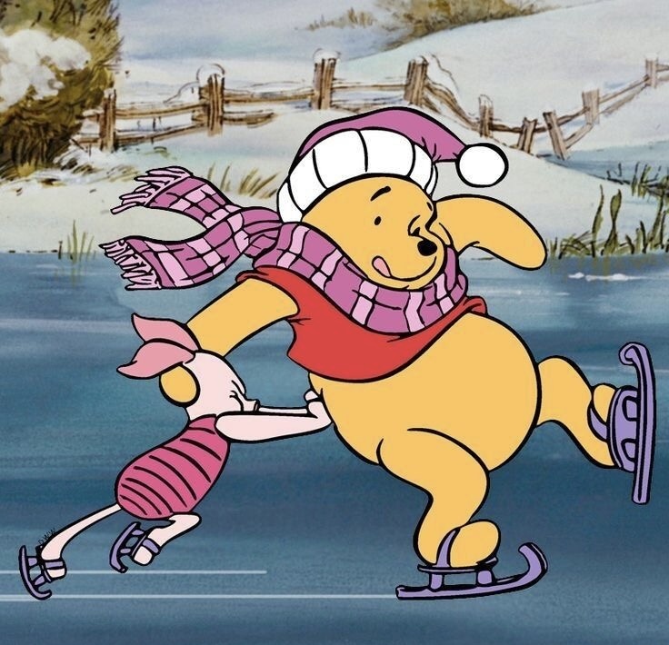 Winnie the Pooh ice skating on frozen pond wearing pink scarf and winter hat