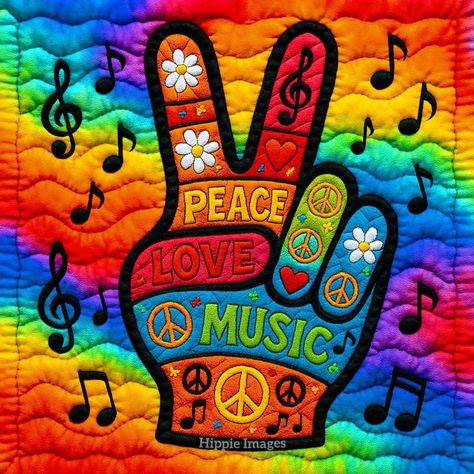 Rainbow tie-dye peace sign hand with words peace love music and music notes
