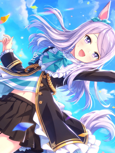 Anime girl with silver hair and horse ears in a black uniform reaching upward against a blue sky