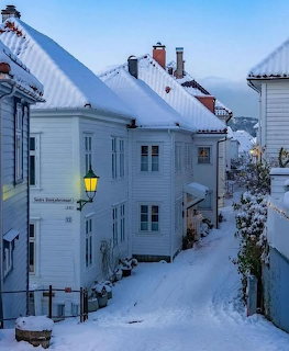 Snow-covered village street with white wooden houses and yellow street lamp at dusk