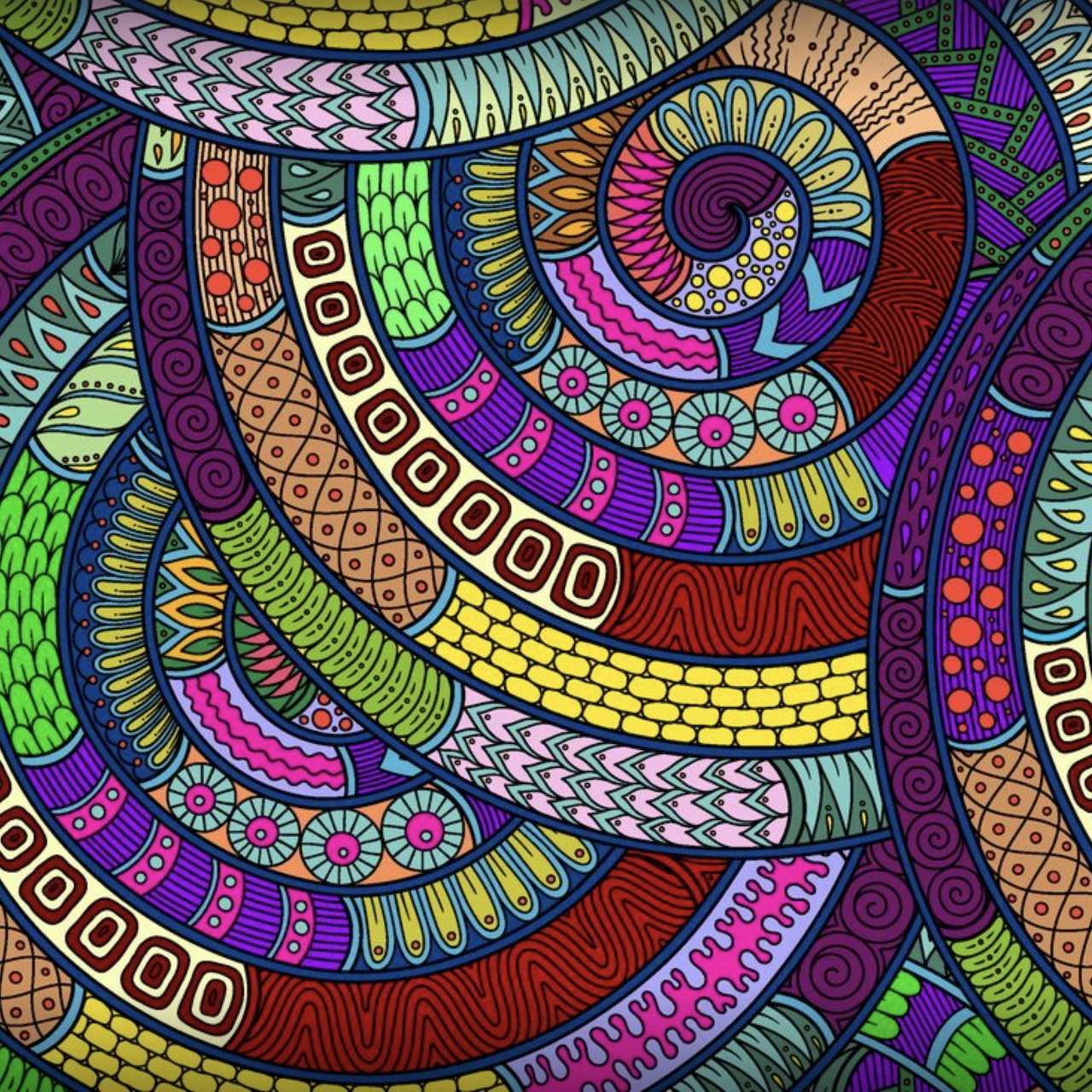 Colorful abstract zentangle art with interlocking spiral patterns in purple, green, orange, and pink with detailed line work
