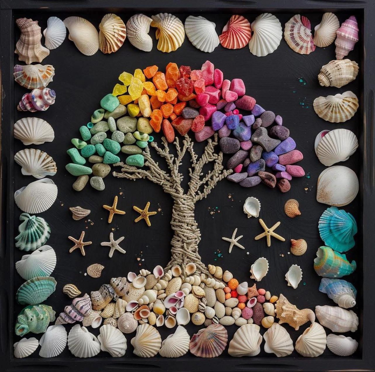 Tree made of colorful stones, seashells, and starfish arranged on a dark background