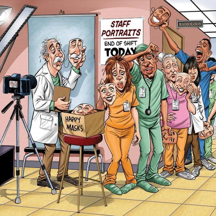 Cartoon of a photographer with caricatured hospital staff posing in a hallway with masks and signs