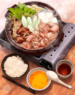 Illustrated Japanese chicken hot pot with vegetables, tofu, rice bowl, raw egg, and dipping sauce