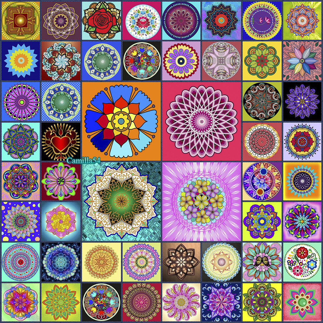 Grid of 64 colorful mandala designs with intricate geometric and floral patterns in various styles and color schemes