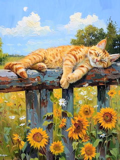 Orange tabby cat sleeping stretched out on wooden fence above sunflowers