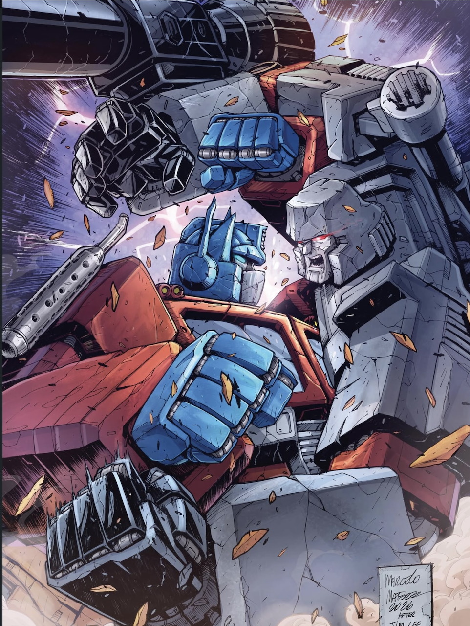 Close-up illustration of a damaged red, blue, and gray robot surrounded by debris
