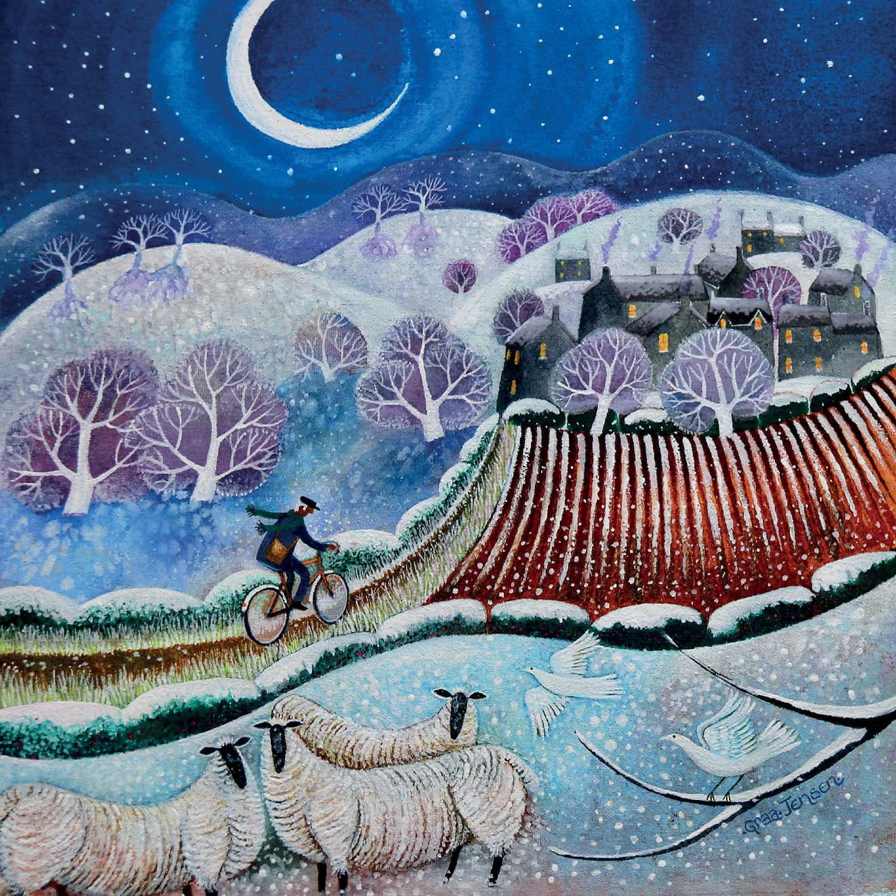 Winter painting of a cyclist riding uphill past sheep beneath a crescent moon
