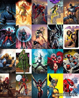 Colorful collage grid showing multiple Marvel superhero characters in comic book art style