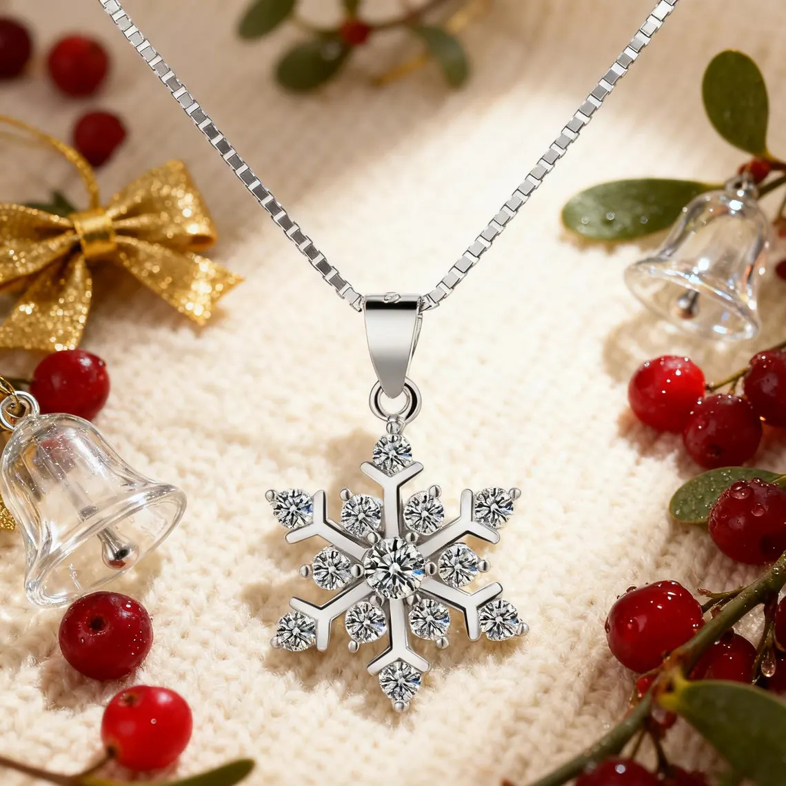 Silver snowflake pendant necklace with Christmas berries, bells, and gold bow on a light background