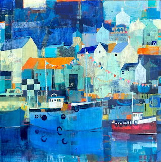 Abstract painting of coastal village with boats docked in blue harbor and white houses with orange roofs