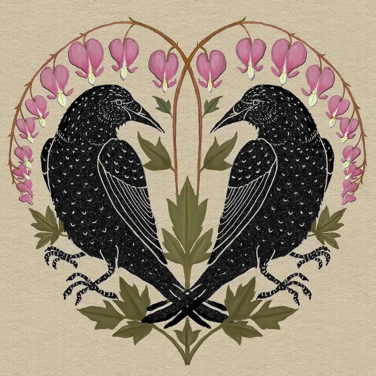 Symmetrical illustration of two black birds with pink flowers and green leaves