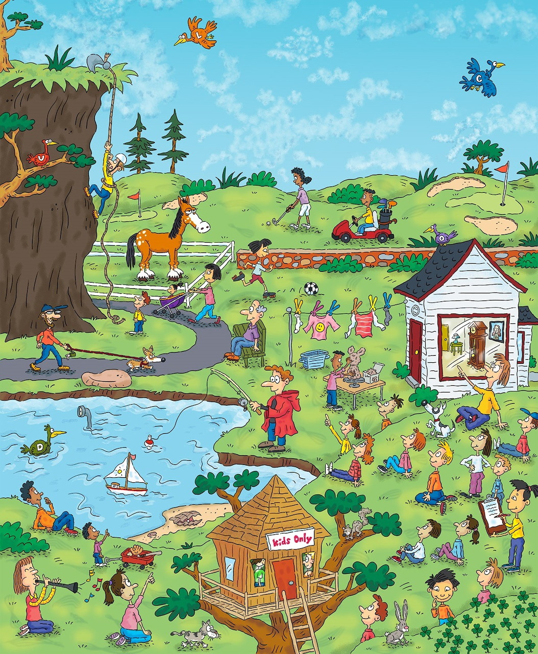 Colorful illustration of children playing in a park with trees, pond, and playground equipment