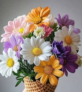 Colorful bouquet of daisies and flowers arranged in a waffle ice cream cone against gray background