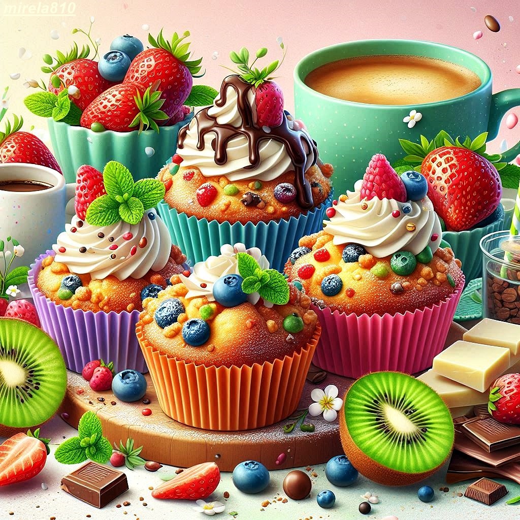 Decorated cupcakes with berries, kiwi slices, and coffee cups in colorful arrangement