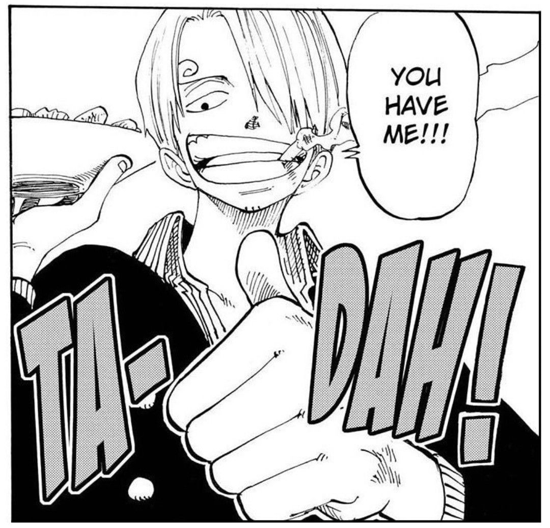Manga drawing of Sanji character with intense expression and speech bubble