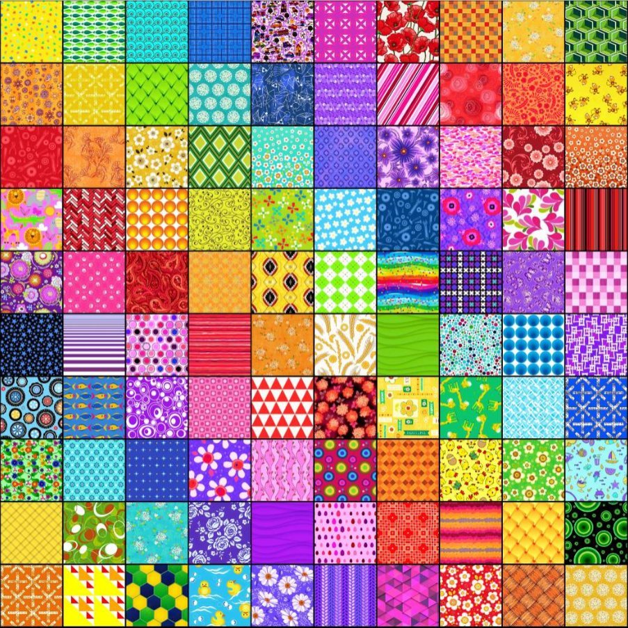 Grid of 100 colorful patchwork squares with various patterns including polka dots, stripes, florals, and geometric designs