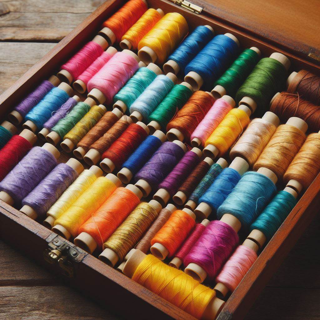 Wooden box filled with neatly arranged colorful thread spools in multiple rows showing rainbow spectrum of colors