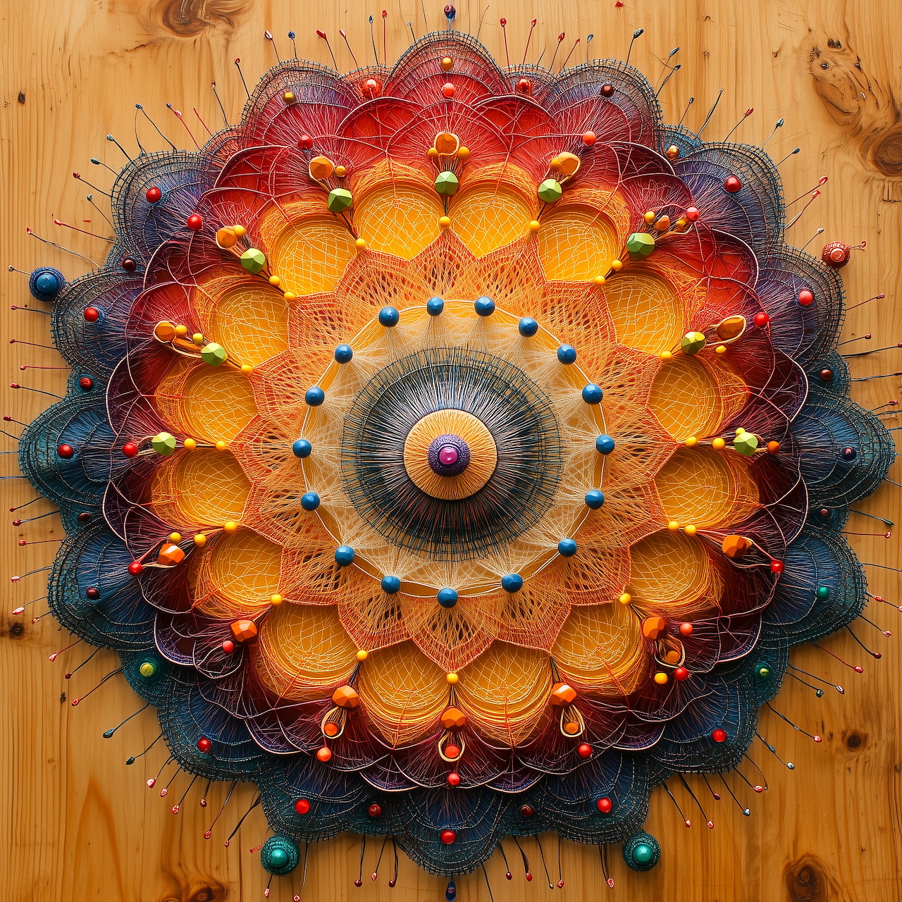 Handmade string art mandala with radiating geometric patterns in orange, red, and blue on wood background