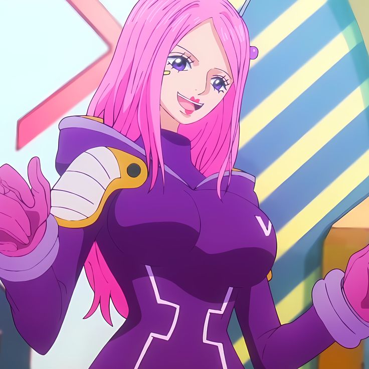 Pink-haired anime girl in purple outfit smiling with thumbs up gesture against striped background