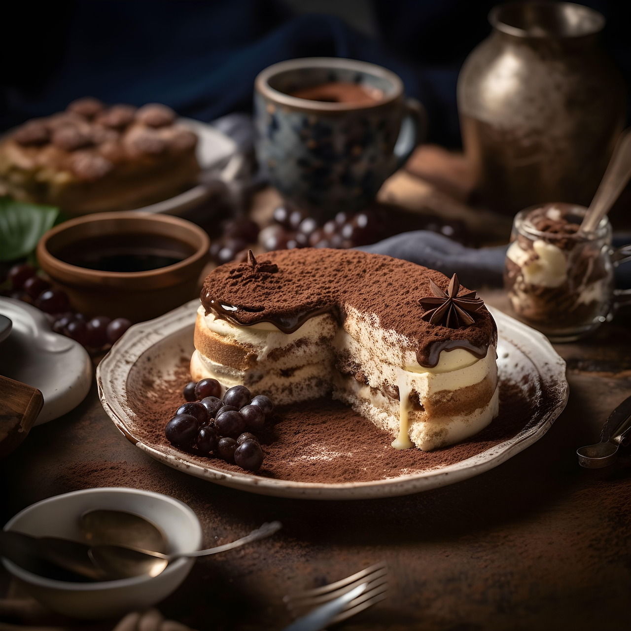 Layered tiramisu cake on a plate with cocoa powder, coffee, and grapes in rustic lighting