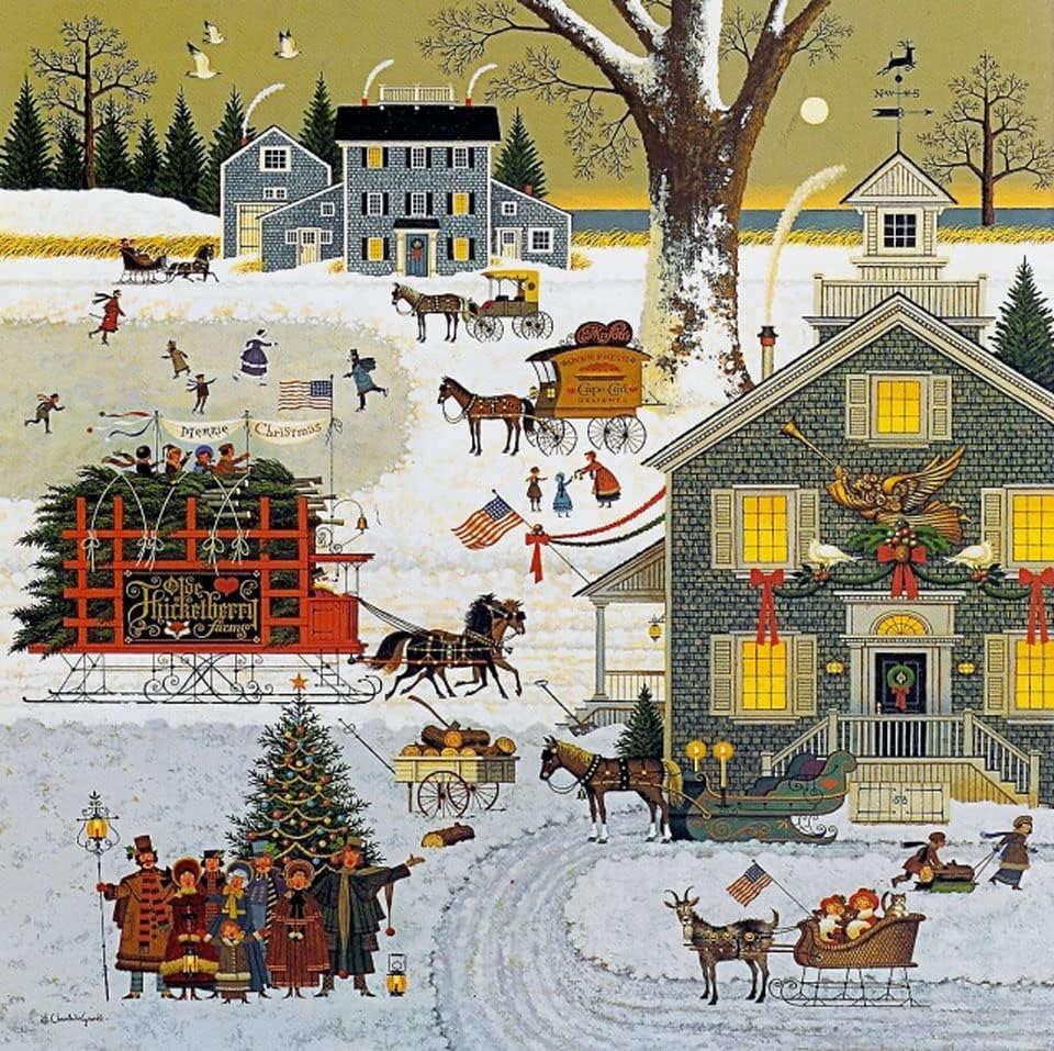 Snowy Christmas village painting with decorated houses, sleighs, skaters, and people outdoors