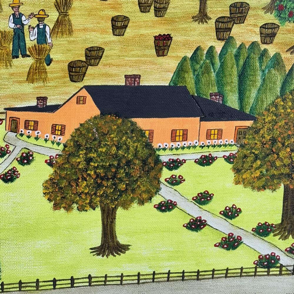 Folk art painting of farm with orange house, garden rows, trees, and workers in autumn setting