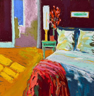 Impressionist painting of bedroom with yellow floor, magenta walls, bed with multicolored blanket, chair and window