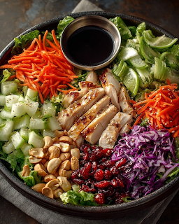 Buddha bowl with grilled chicken, vegetables, peanuts, and dipping sauce on dark background