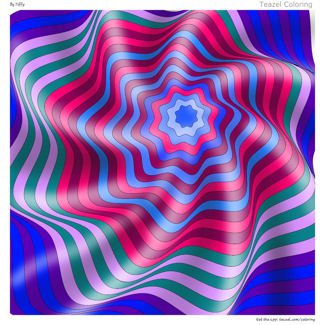 Abstract swirl pattern with radiating pink, blue and green star-shaped concentric layers
