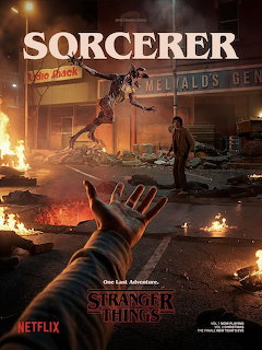 Stranger Things poster with a hand reaching toward a demogorgon in a burning destroyed town street