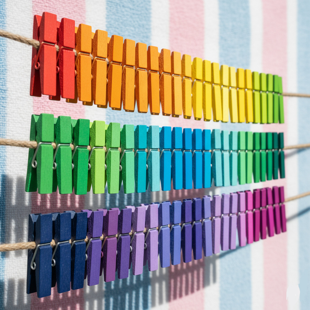 Rainbow gradient of colorful wooden clothespins clipped on lines against a pastel striped background